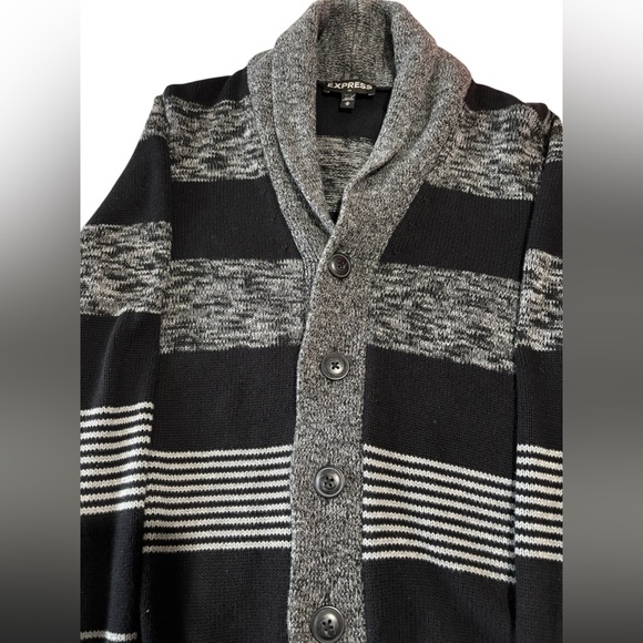 Express Men’s M Shawl Collar Button Up Cardigan Sweater Cozycore Black/Gray - Picture 4 of 11